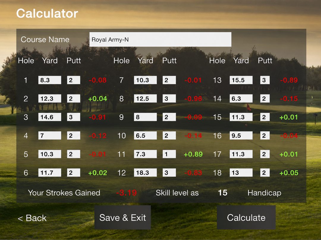 หน้าจอ Strokes Gained Calculator